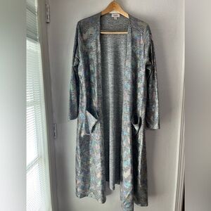 Lula roe XL gray shimmer mermaid long open cardigan, duster kimono